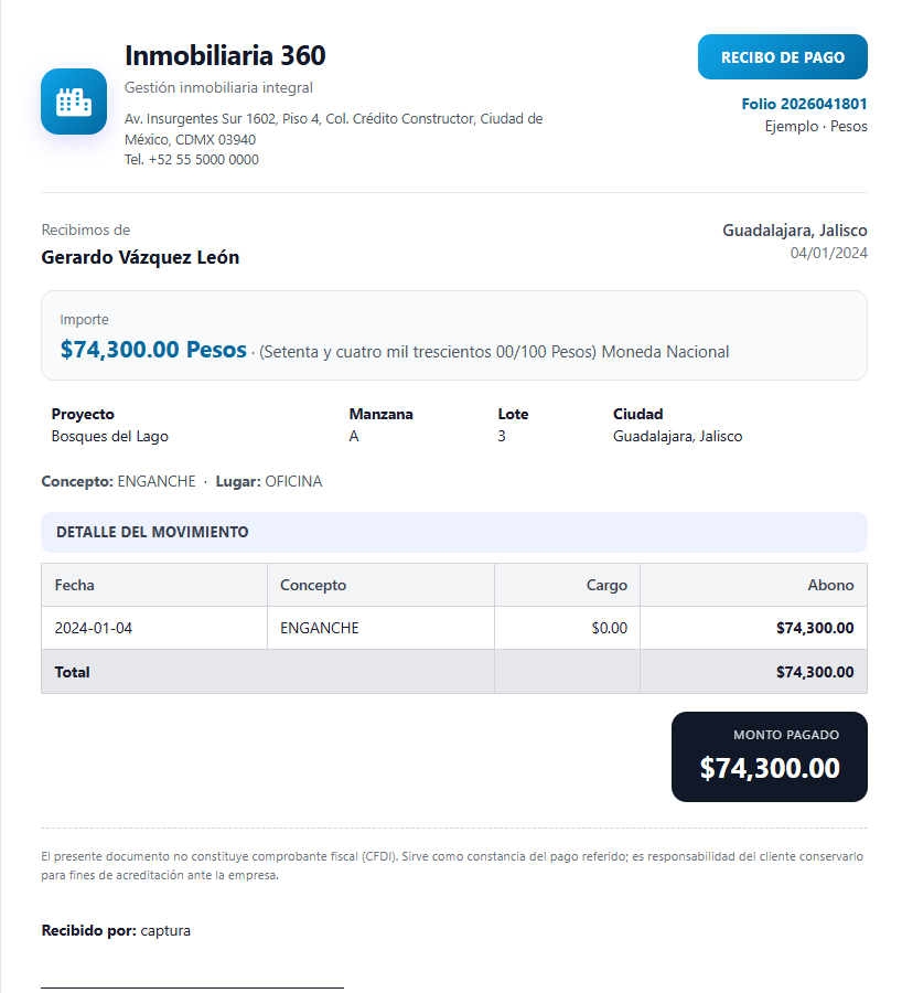 Recibo de pago profesional con folio, datos del cliente, monto en letra, detalle del movimiento y concepto de enganche.